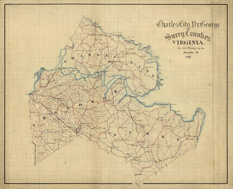 Charles City County Virginia - Hotchkifs 1867 Black Ornate Wood Framed Art Print with Double Matting by Hotchkifs