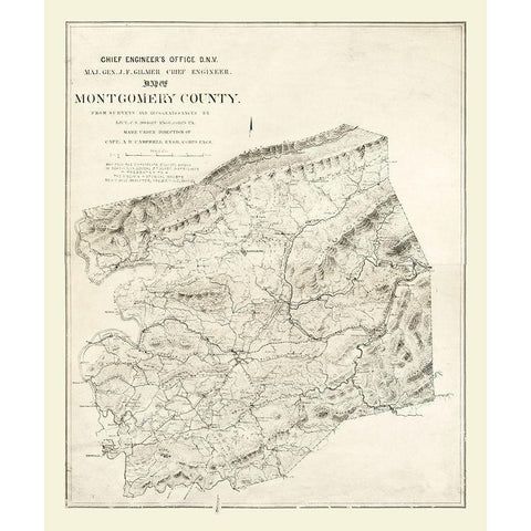 Montgomery County Virginia - Gilmer 1864 Black Modern Wood Framed Art Print with Double Matting by Gilmer