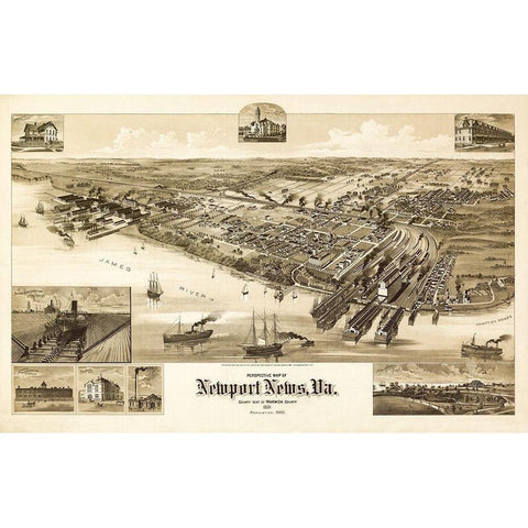 Newport News Virginia - 1891 Black Modern Wood Framed Art Print with Double Matting by Unknown