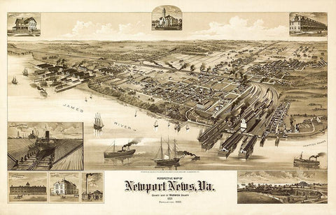 Newport News Virginia - 1891 White Modern Wood Framed Art Print with Double Matting by Unknown