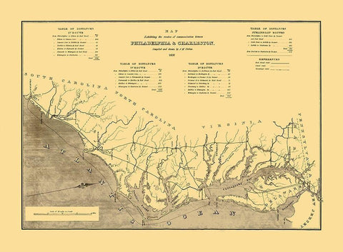 Philadelphia to Charleston, Routes of Comm Black Ornate Wood Framed Art Print with Double Matting by Mc Clellan