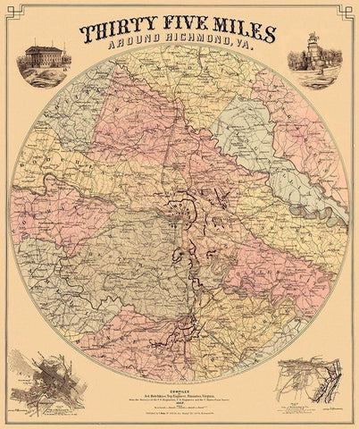 Richmond Virginia 35 Miles Around - Bohn 1867 White Modern Wood Framed Art Print with Double Matting by Bohn
