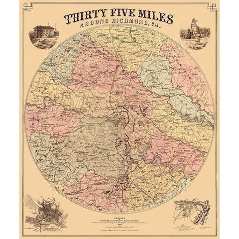 Richmond Virginia 35 Miles Around - Bohn 1867 Gold Ornate Wood Framed Art Print with Double Matting by Bohn