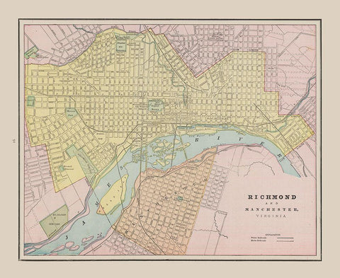 Richmond, Manchester Virginia - Cram 1892 White Modern Wood Framed Art Print with Double Matting by Cram