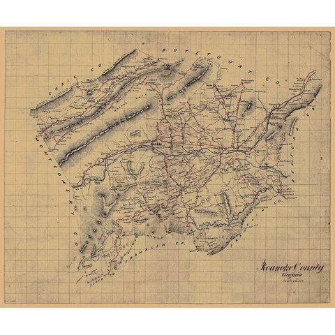 Roanoke County Virginia - 1860 Black Modern Wood Framed Art Print with Double Matting by Unknown