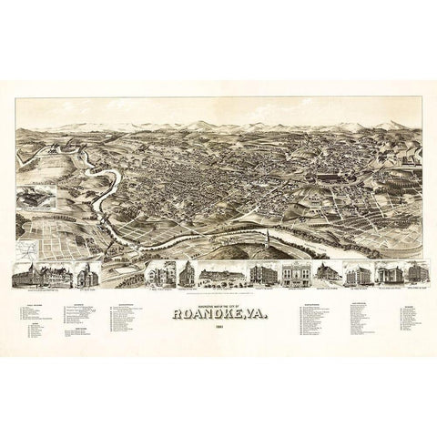 Roanoke Virginia - 1891 Black Modern Wood Framed Art Print with Double Matting by Unknown
