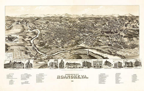 Roanoke Virginia - 1891 White Modern Wood Framed Art Print with Double Matting by Unknown