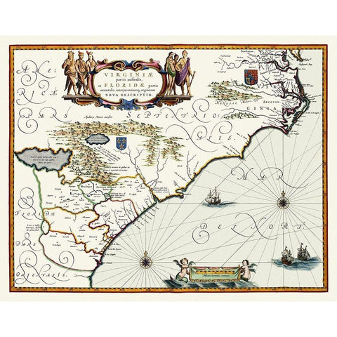 Virginia to Florida - Southeast Coast - 1640 Gold Ornate Wood Framed Art Print with Double Matting by Powhatan