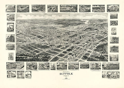 Suffolk Virginia - Fowler 1907 White Modern Wood Framed Art Print with Double Matting by Fowler