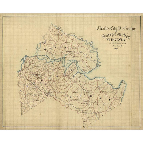 Surry County Virginia - Hotchkifs 1867 Black Modern Wood Framed Art Print with Double Matting by Hotchkifs