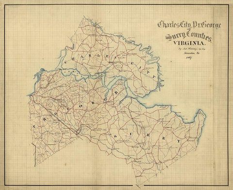 Surry County Virginia - Hotchkifs 1867 Black Ornate Wood Framed Art Print with Double Matting by Hotchkifs