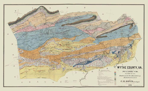 Wythe County Virginia - Boyd 1890 Black Ornate Wood Framed Art Print with Double Matting by Boyd