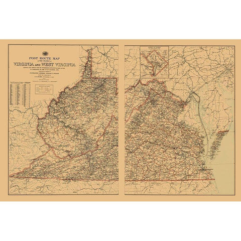Virginia, West Virginia Postal Routes - USPS 1896 Black Modern Wood Framed Art Print with Double Matting by USPS