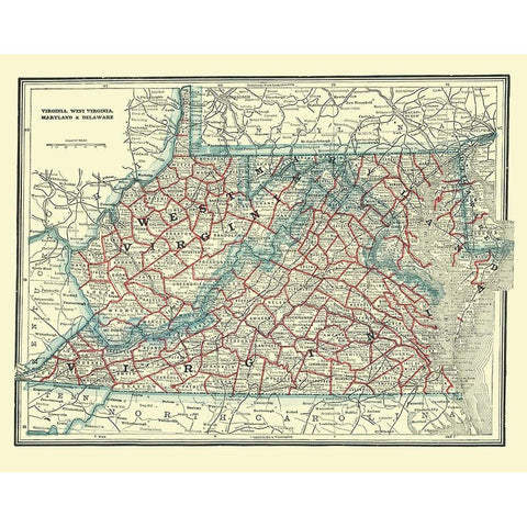Virginia, West Virginia, Maryland, Delaware 1893 Gold Ornate Wood Framed Art Print with Double Matting by Rathbun