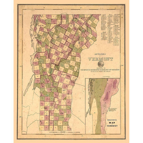 Vermont Geological - Thompson 1848 Gold Ornate Wood Framed Art Print with Double Matting by Thompson