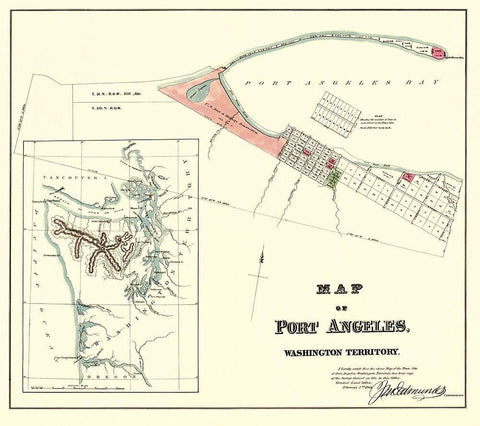 Port Angeles Washington - Ware 1891 Black Ornate Wood Framed Art Print with Double Matting by Ware
