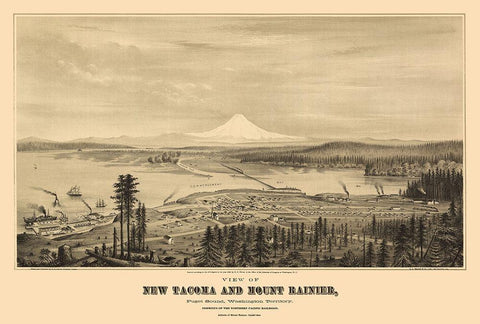 New Tacoma Mount Rainier Washington - Glover 1878 Black Ornate Wood Framed Art Print with Double Matting by Glover