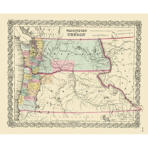 Washington, Oregon - Colton 1853 Gold Ornate Wood Framed Art Print with Double Matting by Colton