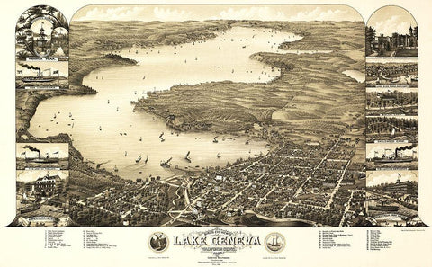 Lake Geneva Wisconsin - Poole 1882 White Modern Wood Framed Art Print with Double Matting by Poole
