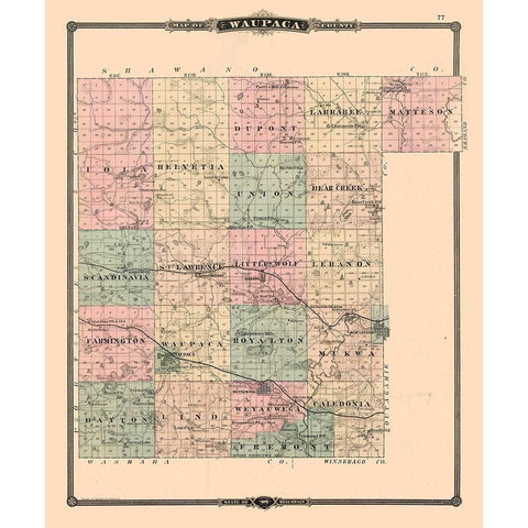Waupaca County Wisconsin - Snyder 1877 Gold Ornate Wood Framed Art Print with Double Matting by Snyder
