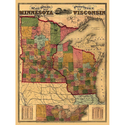 Minnesota Wisconsin - Lloyd 1871 Gold Ornate Wood Framed Art Print with Double Matting by Lloyd