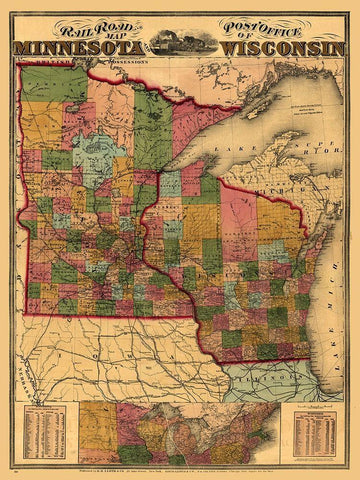 Minnesota Wisconsin - Lloyd 1871 White Modern Wood Framed Art Print with Double Matting by Lloyd