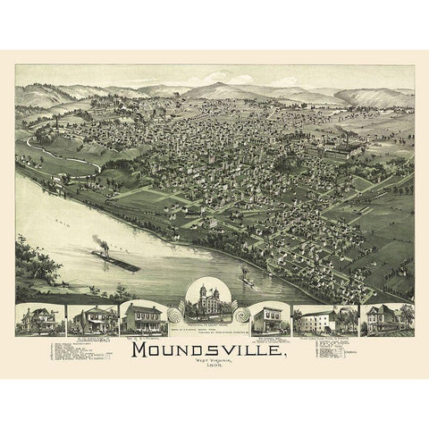 Moundsville West Virginia - Moyer 1899 Gold Ornate Wood Framed Art Print with Double Matting by Moyer