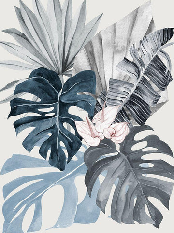 Tropical Leaves Blue I Poster White Modern Wood Framed Art Print with Double Matting by Urban Road