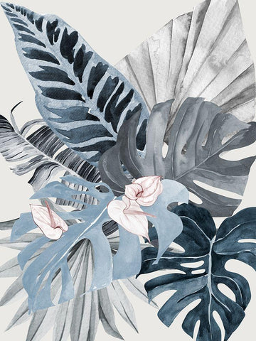 Tropical Leaves Blue II Poster White Modern Wood Framed Art Print with Double Matting by Urban Road