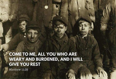 Bible Verse Quote Matthew 11:28, Lewis Wickes Hine, Group of Breaker Boys White Modern Wood Framed Art Print with Double Matting by ArtsyQuotes