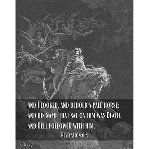 Bible Verse Quote Revelation 6:8, Gustave Dore - Death on a Pale Horse White Modern Wood Framed Art Print by ArtsyQuotes