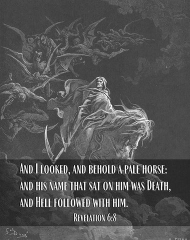 Bible Verse Quote Revelation 6:8, Gustave Dore - Death on a Pale Horse Black Ornate Wood Framed Art Print with Double Matting by ArtsyQuotes