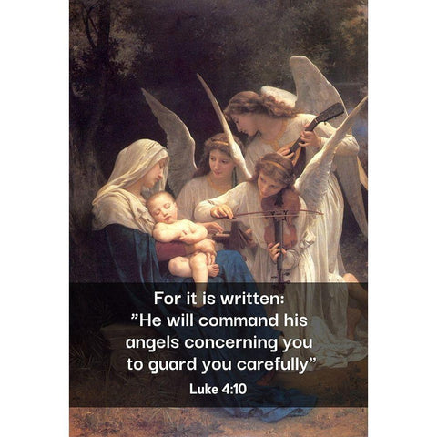 Bible Verse Quote Luke 4:10, William Adolphe Bouguereau - Song of the Angels Black Modern Wood Framed Art Print by ArtsyQuotes