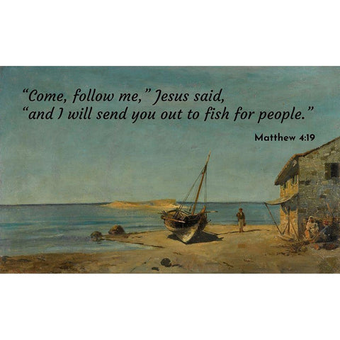 Bible Verse Quote Matthew 4:19, Konstantinos Volanakis - The Fishermans Home on the Beach Black Modern Wood Framed Art Print with Double Matting by ArtsyQuotes