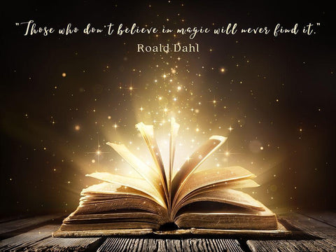 Roald Dahl Quote: Believe in Magic Black Ornate Wood Framed Art Print with Double Matting by ArtsyQuotes
