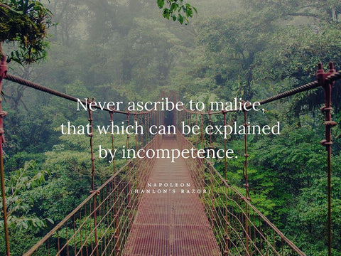 Napoleon Quote: Ascribe to Malice Black Ornate Wood Framed Art Print with Double Matting by ArtsyQuotes