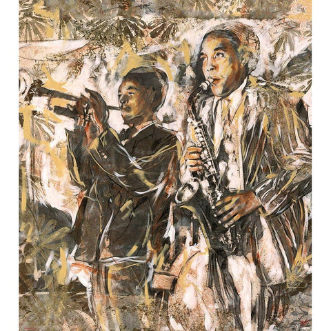 Jazz Two Figures Gold Ornate Wood Framed Art Print with Double Matting by Wiley, Marta