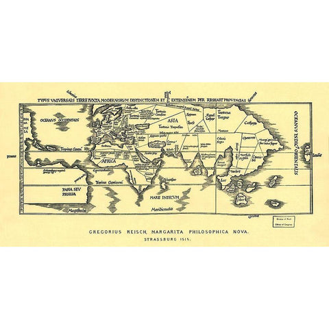 Early World Map Black Modern Wood Framed Art Print with Double Matting by Reisch, Gregor