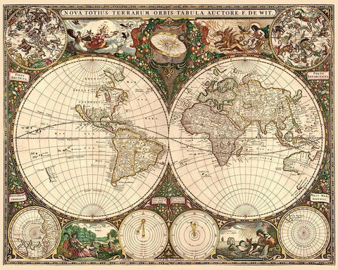 World Map Black Ornate Wood Framed Art Print with Double Matting by De Wit, Frederick