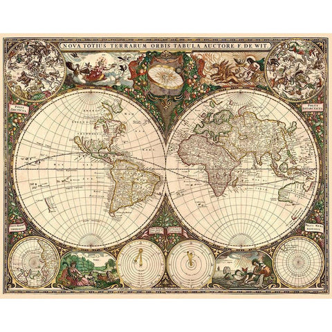 World Map Black Modern Wood Framed Art Print with Double Matting by De Wit, Frederick