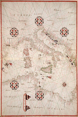Portolan atlas of the Mediterranean Sea, western Europe, and the northwest coast of Africa - Central White Modern Wood Framed Art Print with Double Matting by Oliva, Joan