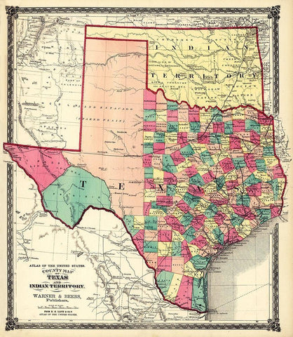 County Map of Texas, and Indian Territory, 1874 White Modern Wood Framed Art Print with Double Matting by H.H. Lloyd & Co.