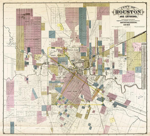 City of Houston and environs, 1895 White Modern Wood Framed Art Print with Double Matting by Whitty & Stott