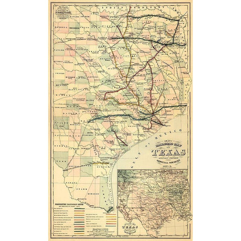 Grays railroad map of Texas. Black Modern Wood Framed Art Print with Double Matting by O.W. Gray & Son.