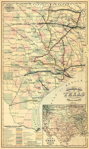Grays railroad map of Texas. Black Ornate Wood Framed Art Print with Double Matting by O.W. Gray & Son.