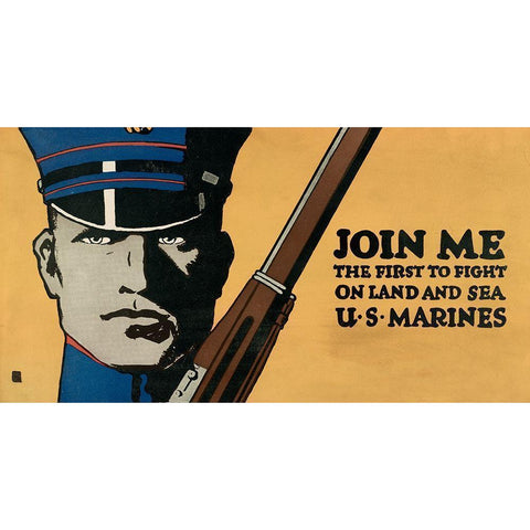 Join me - the first to fight on land and sea - U.S. Marines, 1914/1918 Black Modern Wood Framed Art Print with Double Matting by Falls, Charles Buckles