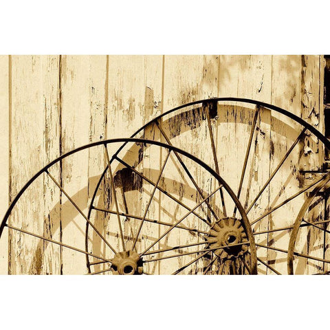 Old wagon wheels against a shed in Buffalo Gap Historic Village, near Abilene, TX - Sepia White Modern Wood Framed Art Print by Highmith, Carol