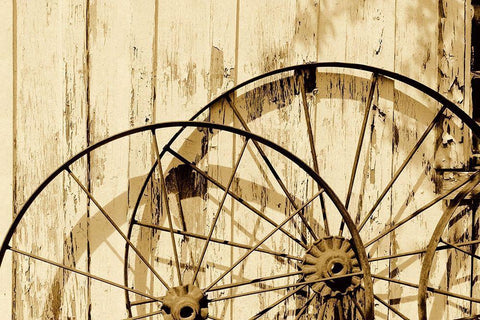 Old wagon wheels against a shed in Buffalo Gap Historic Village, near Abilene, TX - Sepia Black Ornate Wood Framed Art Print with Double Matting by Highmith, Carol