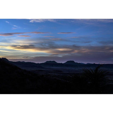 Sunset over the low mountains in the rugged terrain north of Big Bend National Park in the Trans-Pe White Modern Wood Framed Art Print by Highmith, Carol