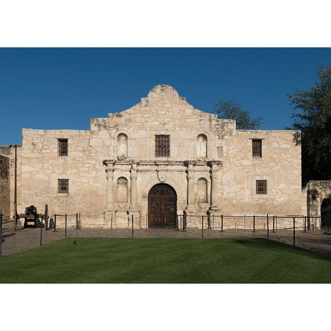 Doorway to the Alamo, an 18th-century mission church in San Antonio, TX White Modern Wood Framed Art Print by Highmith, Carol